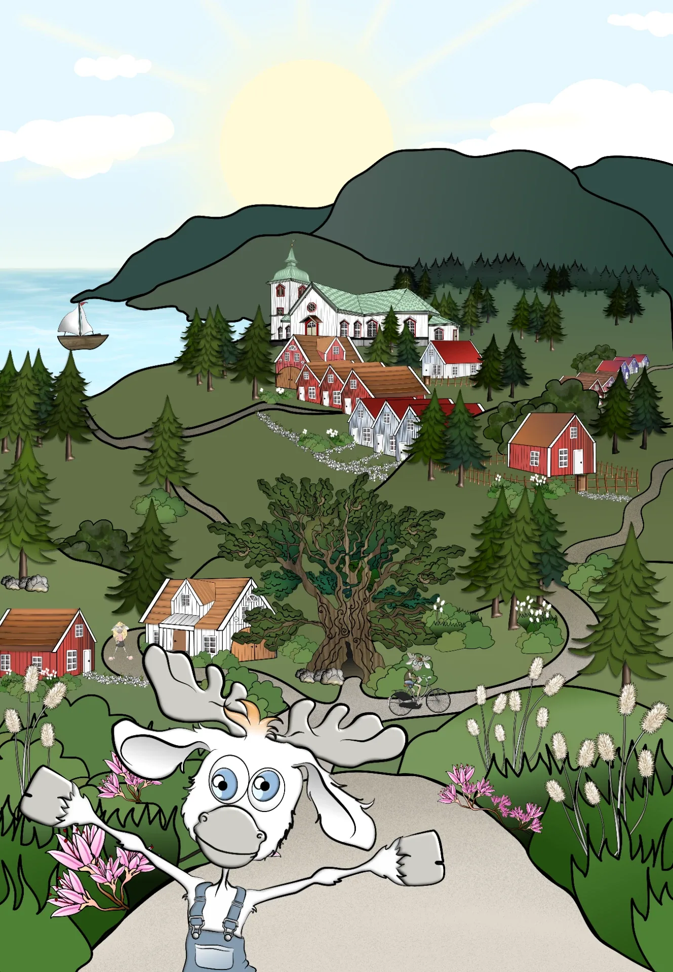 Een gedetailleerde zoekplaat van een dorp met houten huizen aan een fjord, met Merith op de voorgrond.