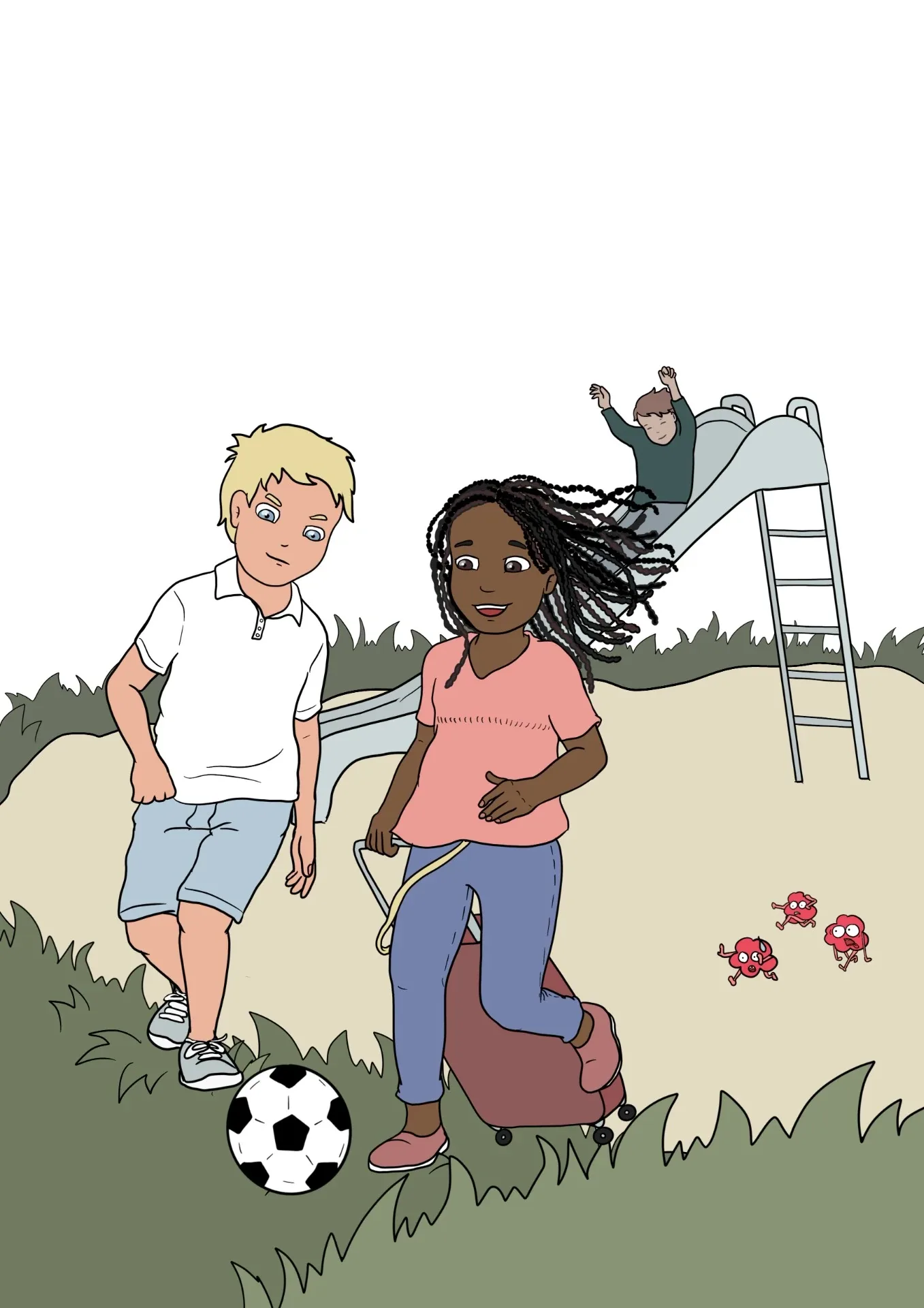 Twee kinderen spelen voetbal op een grasveld, met een glijbaan op de achtergrond.