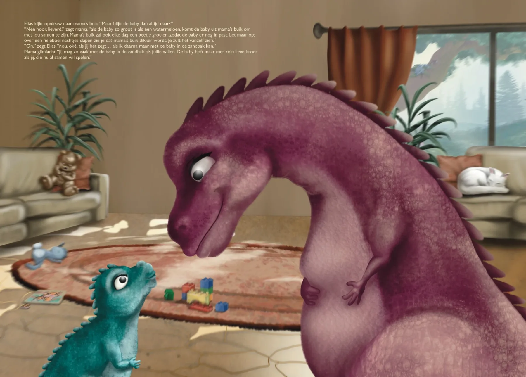 Prentenboekspread: een grote paarse dinosaurus buigt zich in een woonkamer over een klein blauw dinosaurusje.