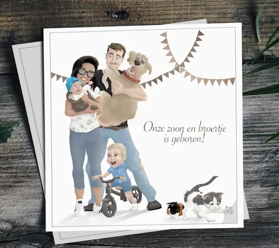 Een geboortekaartje met een getekend gezin met hond, kat en baby en de tekst: Onze zoon en broertje is geboren!
