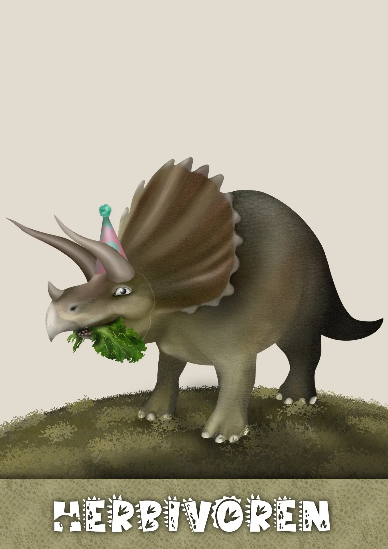 Een triceratops met een feestmuts kauwt op een bosje groen, met de titel Herbivoren.