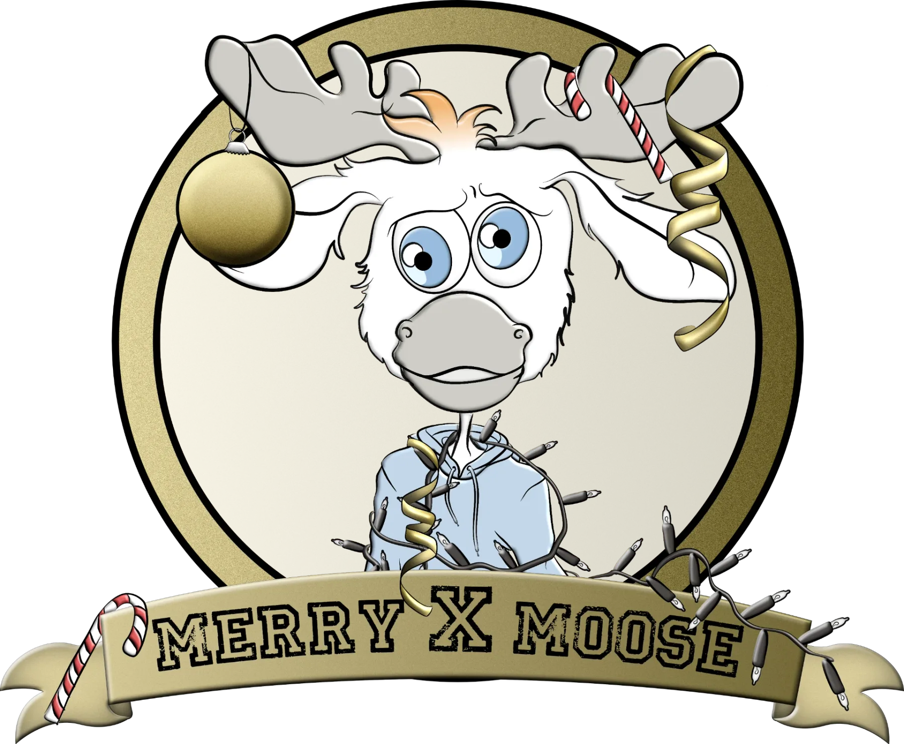 Kerstkaartontwerp met Thore in een gouden lijst met kerstbal en zuurstok en de tekst Merry X Moose.