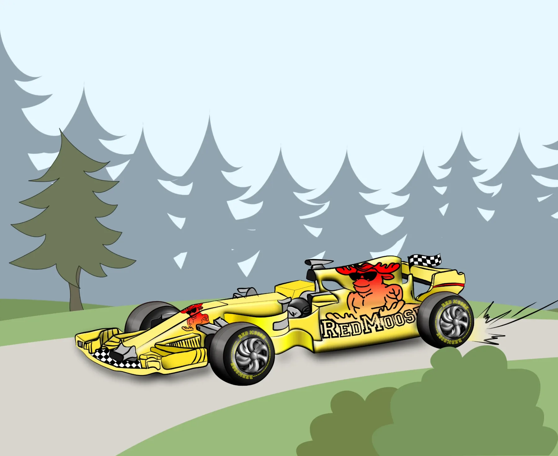 Een gele raceauto met het Moose Stappen-logo rijdt langs een bosrand.
