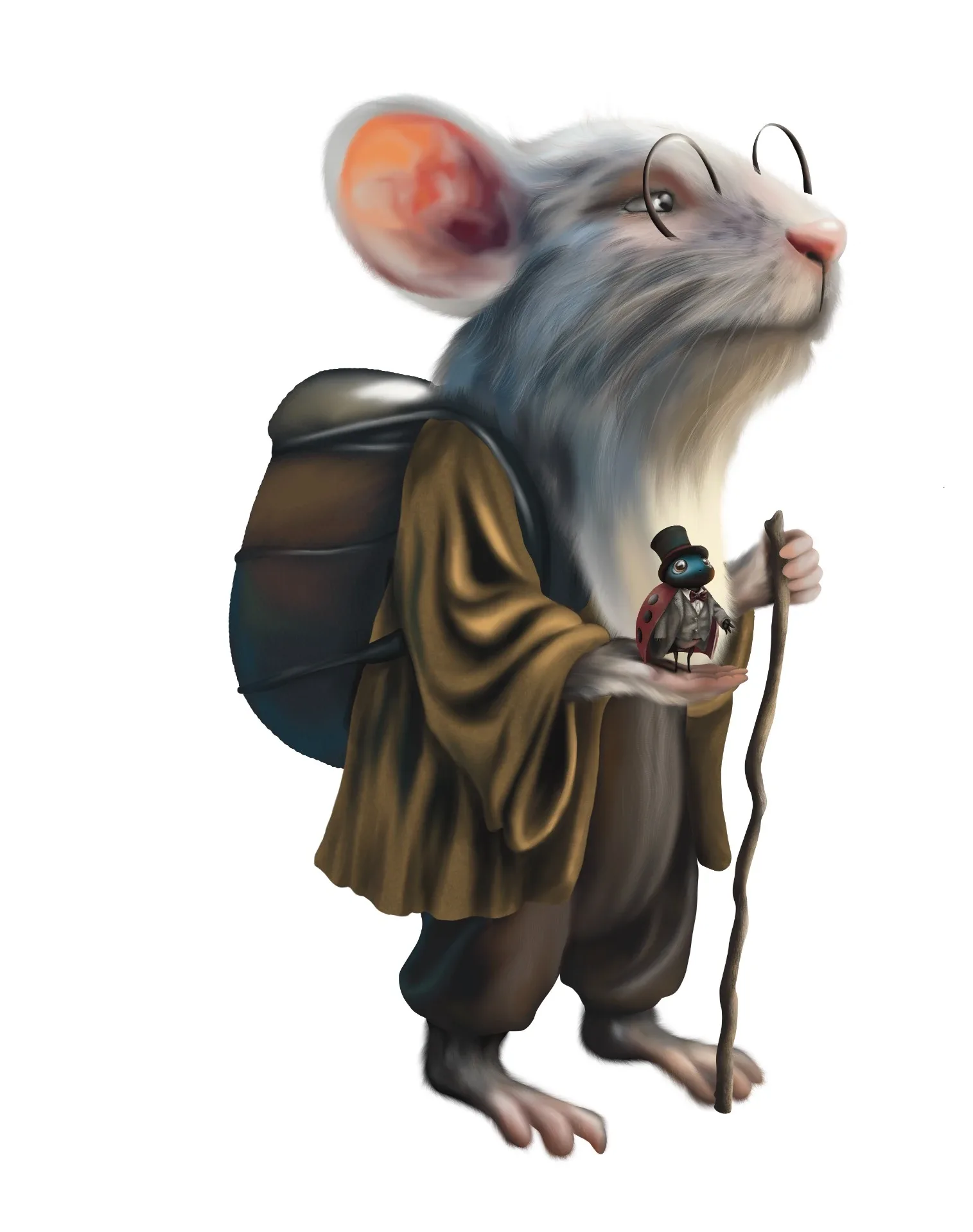 Een oude muis met rugzak, mantel en wandelstok.