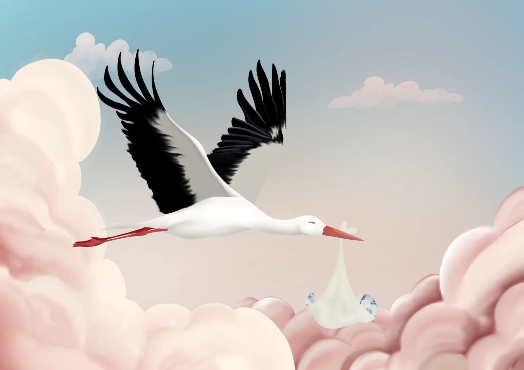 Een ooievaar vliegt met een bundeltje in zijn snavel door zachtroze wolken.
