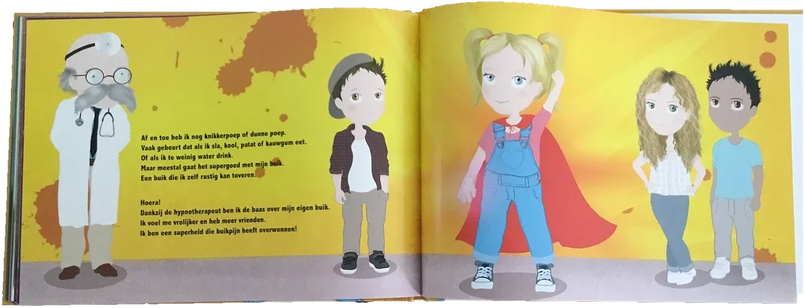 Een opengeslagen prentenboek met een dokter, een jongen en een meisje in superheldencape.