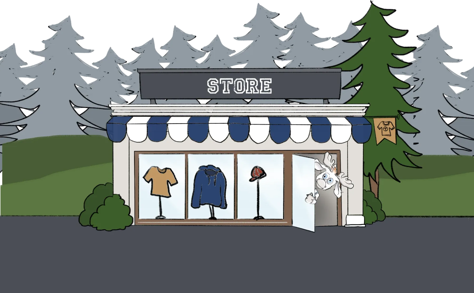 Een winkelpui met blauw-witte markies en kleding in de etalage, Thore kijkt om de deur.