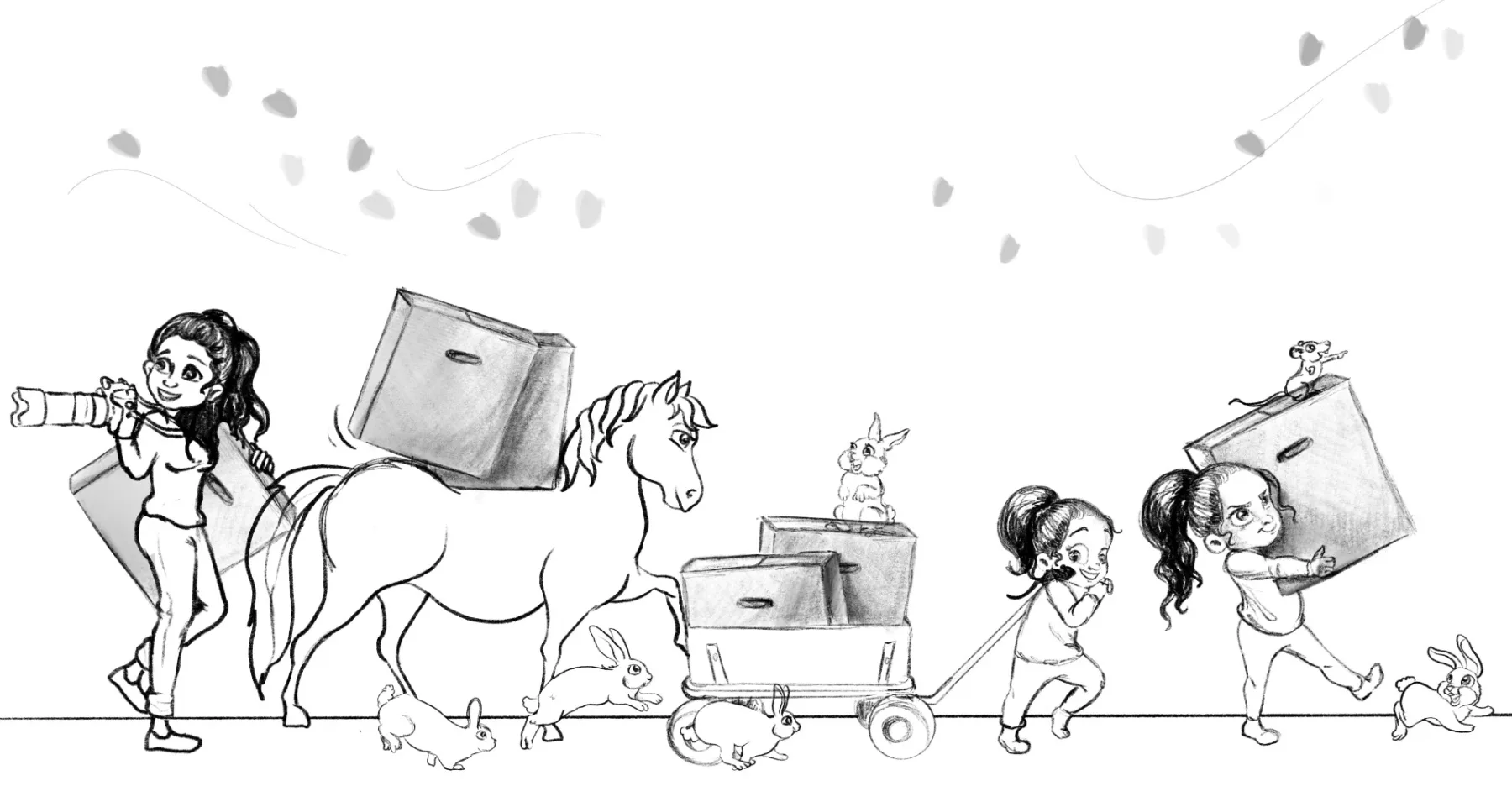 Potloodschets van een verhuisstoet met een paard, dozen, een bolderkar en kinderen.