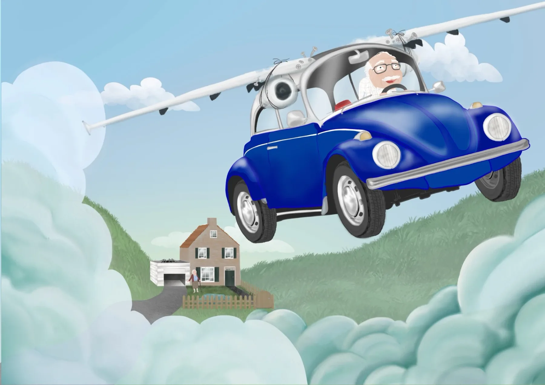 Een blauwe Volkswagen Kever met vleugels vliegt met een oudere man achter het stuur boven de wolken.