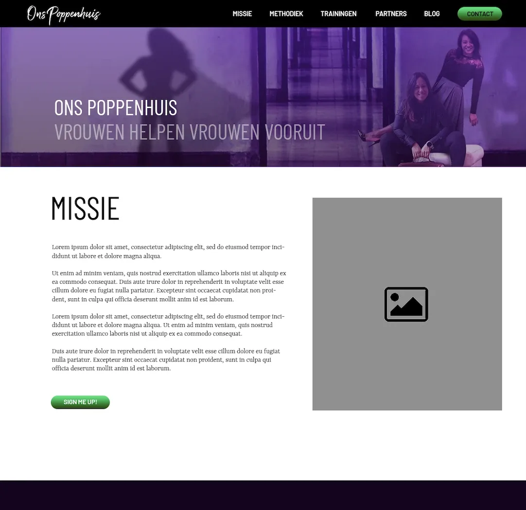 Websiteontwerp voor Ons Poppenhuis met een paarse header en een missietekst.